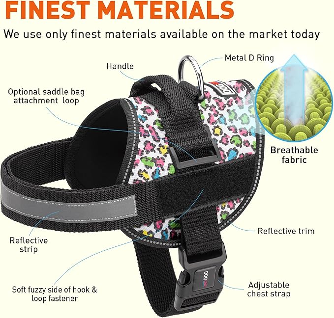 Dogline Dog Harness, Reflective No-Pull Adjustable Vest with Handle for Walking, Training, Breathable, No - Choke Harness for Small, Medium or Large Dogs Room for Patches Leopard Rainbow XS 15"-18"-PurrikoPets