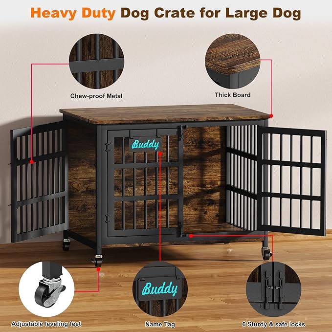 EasyCom 41"/33"/27" Dog Crate Furniture with Name Tag, Heavy Duty Dog Kennel Indoor for Medium Dogs, Double-Doors Sturdy Metal Dog Cage for Anxiety Dog, Decorate House as TV Stand, End Table-PurrikoPets