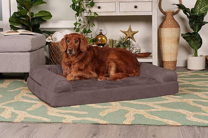 Furhaven Orthopedic Dog Bed for Large Dogs w/ Removable Bolsters & Washable Cover, For Dogs Up to 95 lbs - Faux Fur & Velvet Sofa - Driftwood Brown, Jumbo/XL-PurrikoPets