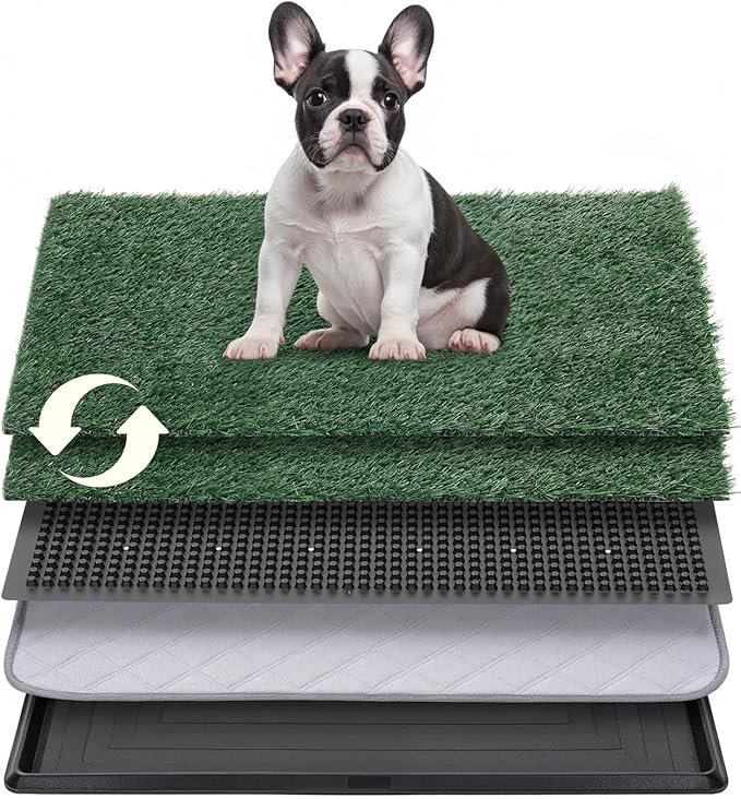 Dog Grass Pad with Tray, 30"x20" Medium Grass Pad for Dogs Potty with 2pcs Artificial Grass, Indoor Dog Litter Box for Balcony Apartment, Realistic, Washable, Less Odor-PurrikoPets
