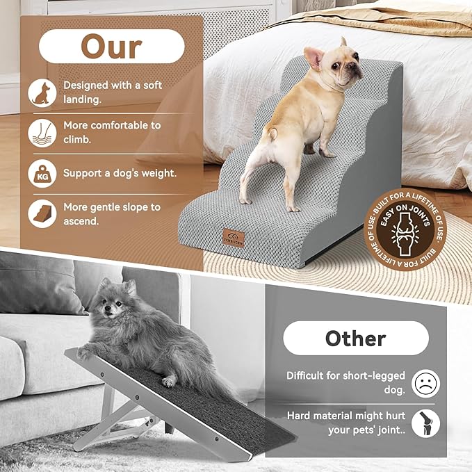 Dog Ramp and Stair for Bed 16" H-20 H,3-Step Cat Stair for Sofa and Chair,4-Step Dog Ramp for High Bed and Window,Durable Nonslip Fabric Cover for Indoor (Light Grey-20 H, Pet Friendly, 4)-PurrikoPets