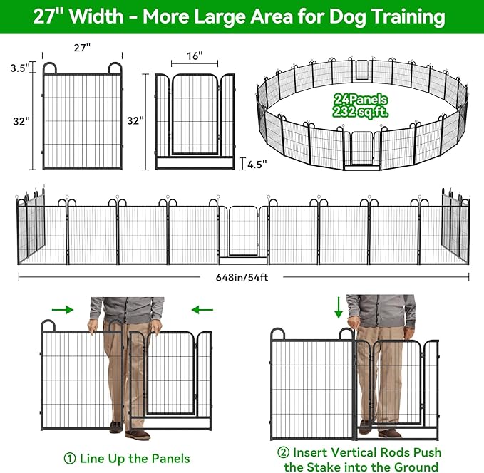 Dog Playpen Outdoor 24 Panels Heavy Duty Dog Fence 32" Height Anti-Rust with Doors Portable for RV Camping Yard, Total 54FT, 227 Sq.ft, Snowy Black-PurrikoPets