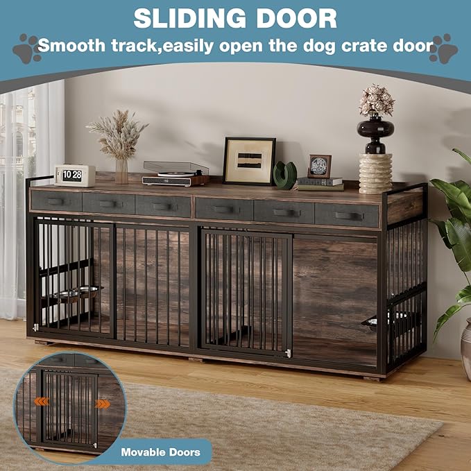 86.6Inch Large Double Dog Crate Furniture,Heavy Duty Metal Frame Dog Crate Kennel with Adjustable Feeder Bowls and Removable Divider&Drawers,Chew-Resistant Dog Kennel for 2 Dogs Indoor-PurrikoPets