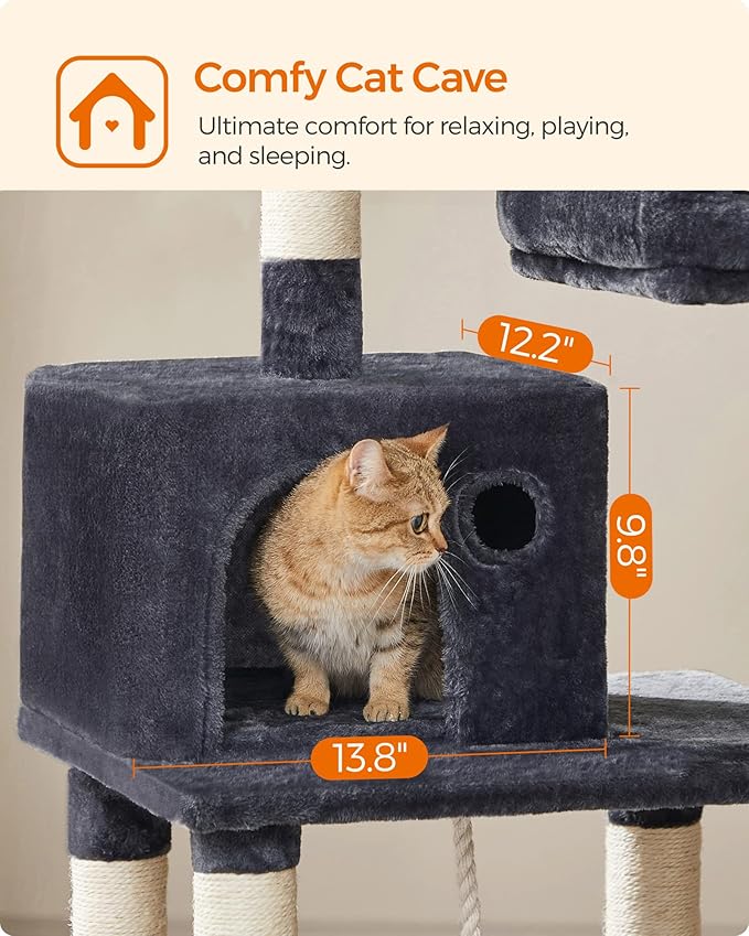 FEANDREA Cat Tree, Cat Tower for Indoor Cats, 56.3-Inch Cat Condo with Scratching Posts, Hammock, Plush Perch, Smoky Gray UPCT15GYZ-PurrikoPets