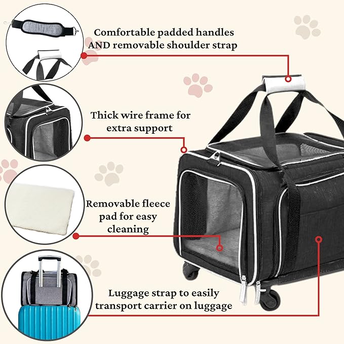 Airline Approved Expandable Premium Pet Carrier on Wheels- Two Sided Rolling Carrier- Designed for Dogs & Cats- Extra Spacious Soft Lined Carrier! (Black) (RL-PET-CARRIER-WHEELS)-PurrikoPets