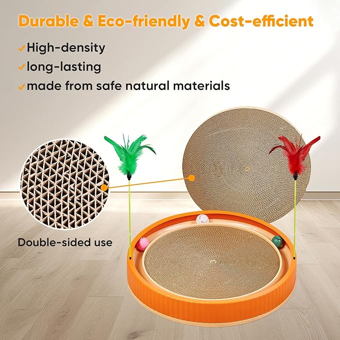 20-Inch Round Cat Scratcher with Ball Track – 3-in-1 Cardboard Cat Scratching Pad with Feather Toys, Non-Slip Base – Interactive Cat Toy for Indoor Cats, Kitten Scratch Play Lounge Board (Orange)-PurrikoPets