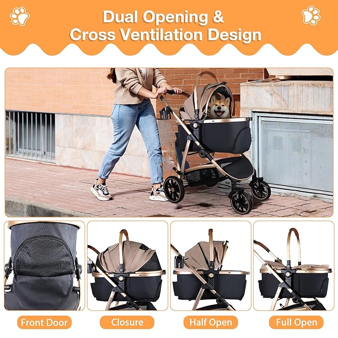 Dog Stroller for Small Medium Dogs, 3 in 1 Folding Pet Stroller Up to 33 lbs, 4 Wheels Pet Strolling Cart with Zipperless Entry, Cat Dog Travel Carrier with Cup Holder & Storage Basket-PurrikoPets