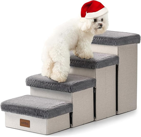 Dog Stair for Small Dogs with Storage, Foldable Pet Step with Soft Cover, Older Cat Ramp for Chair Couch Sofa, Lightweight, Durable, Comfort, 33x13x17.7 inch, 4 Tiers Grey-PurrikoPets