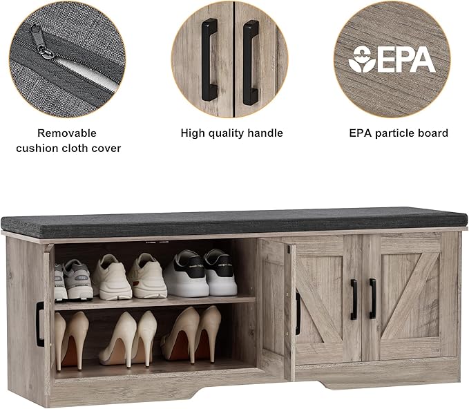 2-Tier Storage Bench, Shoe Bench with Padded Seat Cushion, Entryway Bench with 4 Barn Doors, Adjustable Shelf, 13.8" D x 47.2" W x 17.7" H, for Entryway, Living Room, Bedroom, Greige-PurrikoPets