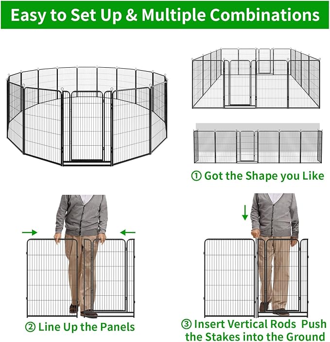 Dog Playpen Outdoor Extra Wide 16 Panels Heavy Duty Dog Fence 47" Height Anti-Rust with Doors Portable for RV Camping Yard, Total 42FT, 140 Sq.ft, Snowy Black-PurrikoPets