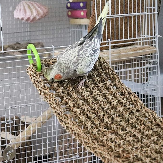 39 x 7 Inches Seagrass Mat, Natural Seagrass Woven Net, Bird Hammock Mat with Hooks, Cage Accessories, Climbing Rope Ladder Chew Toys for Cockatiel, Hamster, Guinea Pig, Rats, Parakeet-PurrikoPets