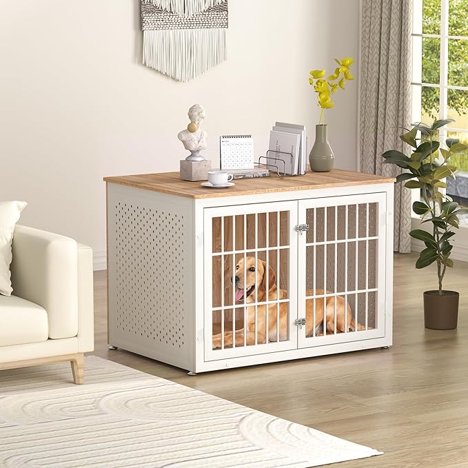 42" Heavy Duty Dog Crate Furniture for Large Dogs, Metal Kennel for High Anxiety Dogs, White Wooden Cage Furniture Indoor, Decorative Dog Kennel End Table, XL-PurrikoPets