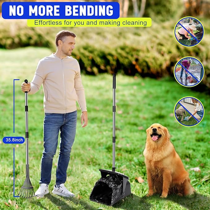 Dog Pooper Scooper with 20 Bag Attachment Long Handle Swivel Bin, Rake Heavy Duty Pooper Scooper for Large Medium Dogs Easy to Clean Poop Scooper for Yard, Grass, Gravel-PurrikoPets