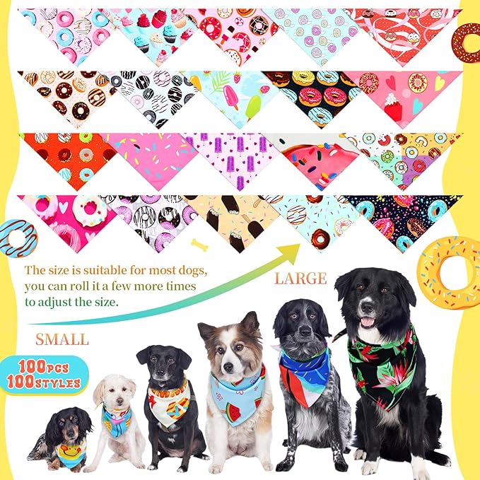 100 Pcs Dog Bandanas Bulk Pet Bibs Colorful Triangle Scarf Pet Bandanas for Medium Large Dogs Spring Summer Birthday Costume Decoration (Donut)-PurrikoPets