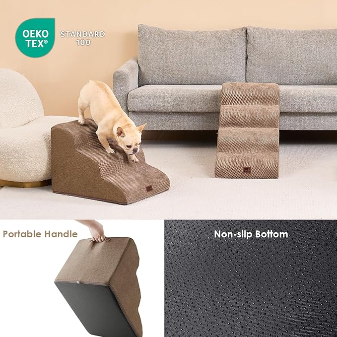 EHEYCIGA Curved Dog Stairs Ramp for Small Dogs 15.7" H, 3-Step Dog Steps for Couch Sofa and Chair, Pet Stairs for Cats, Non-Slip Balanced Pet Steps Indoor, Camel-PurrikoPets