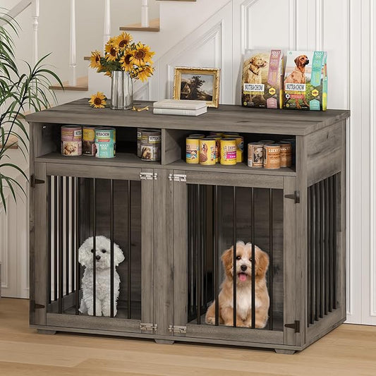 Furniture Dog Crate for 2 Dogs, 41 Inch Dog Kennel Furniture with Removable Divider and Shelf Storage, Wooden Dog Crate for Small/Medium Dogs, Grey-PurrikoPets