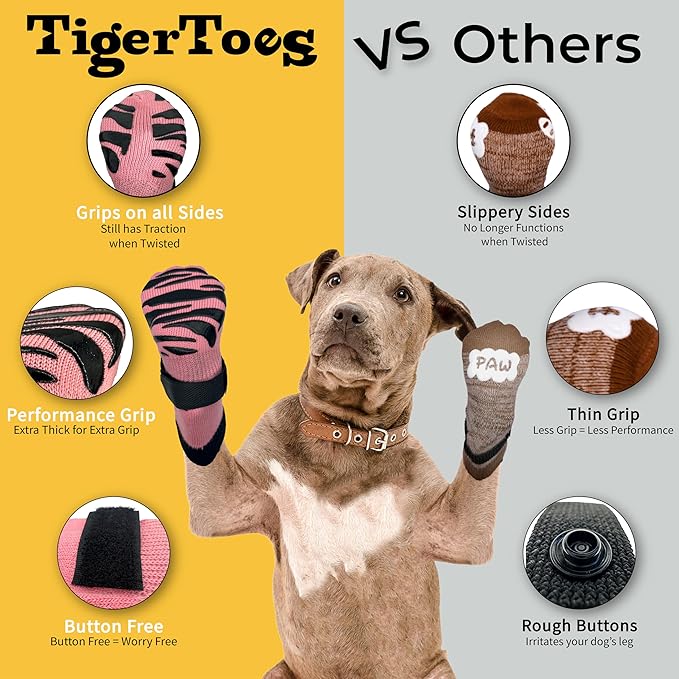 DOK TigerToes Premium Non-Slip Dog Socks for Hardwood Floors - Extra-Thick Grip That Works Even When Twisted - Prevents Licking, Slipping, and Great for Dog Paw Protection (Sassy Pink, Large)-PurrikoPets