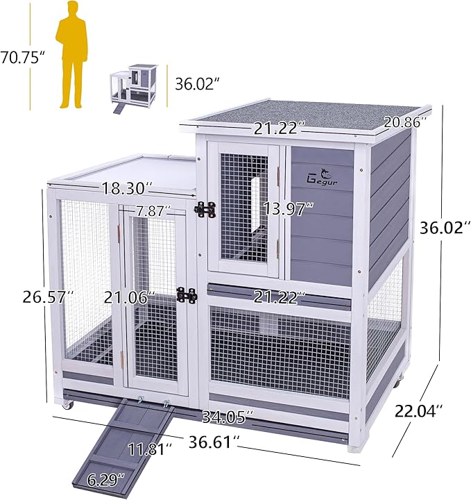 GEGURI Rabbit Hutch, Two-Story Indoor Bunny Cage, Outdoor Guinea Pig Cages for Small Animals with Wheels, Removable Tray-PurrikoPets