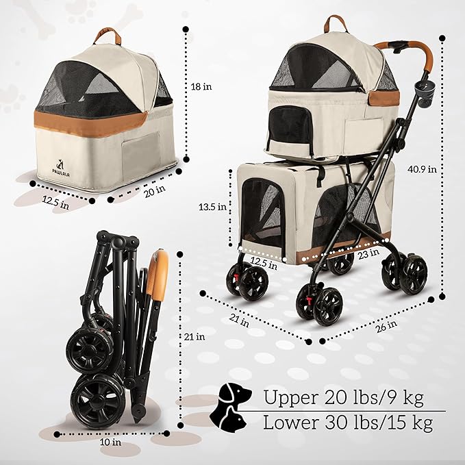 Double Pet Stroller with Detachable Carriers - Ideal for 2 Dogs or Cats - Compact & Convenient Design - Easy Assembly Double Dog Stroller - Cosmic Beige-PurrikoPets