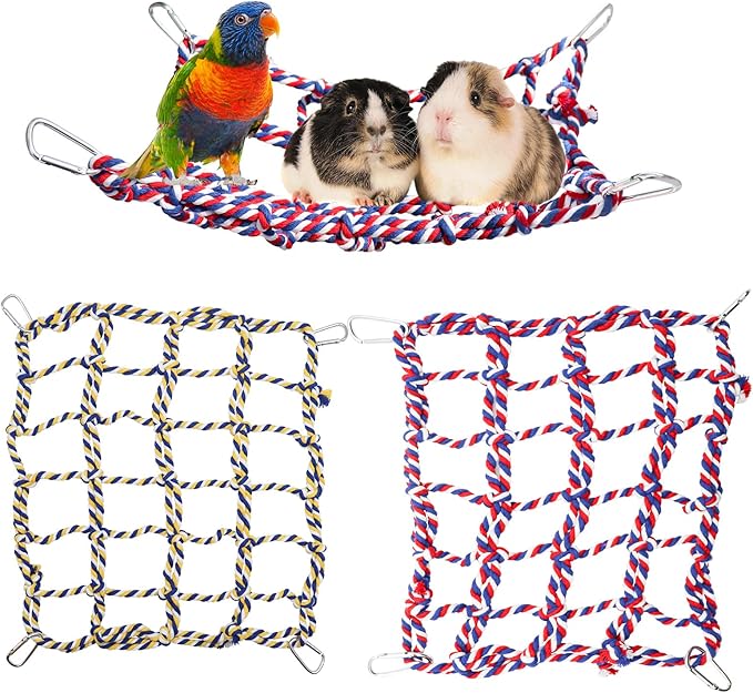2 Pack Large Colorful Bird Rope Net, 14 × 10 Inches Rat Climbing Rope Net, Pet Hanging Hammock, Bird Ladder Rope Bridge, Small Animal Rope Net Toy, Cage Accessories for Rat Hamster Bird Ferret-PurrikoPets