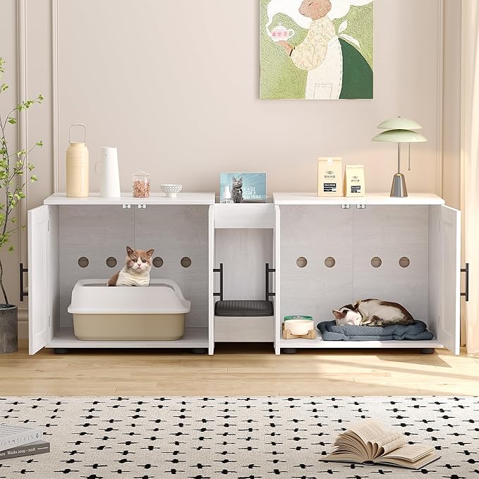 Gaomon Litter Box Enclosure with Double Cage, Cat House,Hidden Litter Box Enclosure Furniture for 2 Cats, Wooden Enclosed Cat Litter Box Furniture,55”L x 17.7”W x 22.5”H,White-PurrikoPets