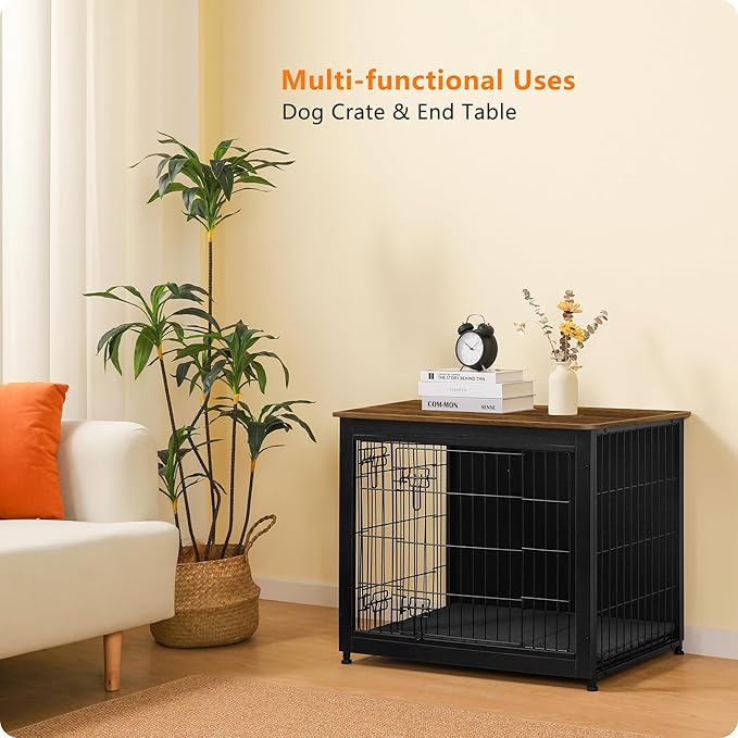 DWANTON Dog Crate Furniture with Cushion, Wooden Kennel Table with Double Doors, Indoor Dog House, Medium Size, 32.5" L, Black+Warm Brown-PurrikoPets