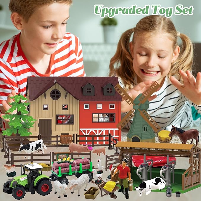 136PCS Farm Animals Toys Set Comes with Barn, Tractor Trailer, Milking shed, Windmill, Farmer, Fence - Playset for Kids Toddlers Boys Girls 5+ Years Old-PurrikoPets