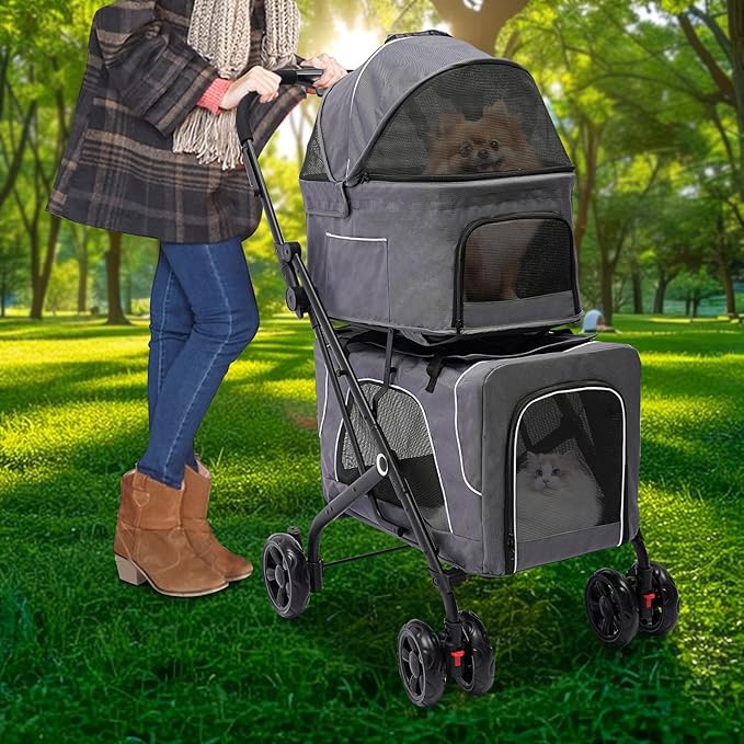 2 Tiers Pet Stroller,4 Wheel Dog Stroller Cat Strollers,3.07lbs Pet Gear Foldable Jogger Travel Cart,Grey Cat Carrying Cart with Storage Basket for Small Medium Pet (Grey)-PurrikoPets