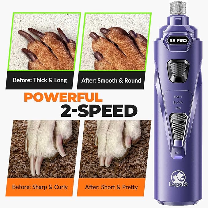 Dog Nail Grinder with 2 LED Lights Powerful 2 Speeds Super Quiet Dog Nail Trimmers with 3 Grinding Wheels Rechargeable Pet Dog Nail Clippers for Large Medium Puppy Dogs Dog Nail File Cat Nail Clipper-PurrikoPets