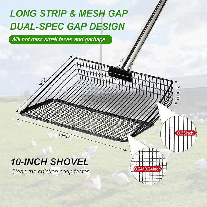 10inch Large Metal Chicken Poop Scooper, 36" to 75" Long Chicken Coop Litter Scoop with Stainless Steel Adjustable Handle, 4 in 1 Detachable Litter Sifting Shovel Scoop for Chicken Coop Accessories-PurrikoPets