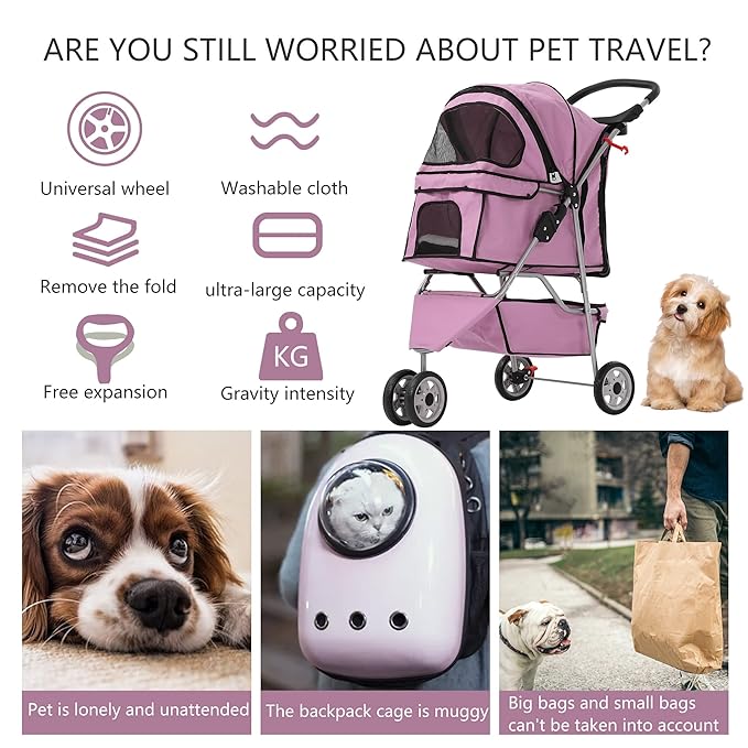 Dog Stroller,3 Wheels Travel Folding Pet Stroller for Small Medium Dog Cat Jogger Stroller with Storage Basket Removable Liner Pink-PurrikoPets