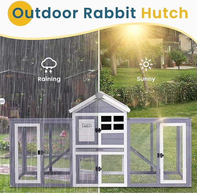 GEGURI Wooden Rabbit Hutch, Indoor Outdoor Chicken Coop Bunny Cage with Waterproof Roof-PurrikoPets