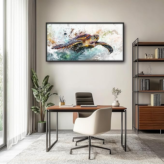 Extra Large Framed Sea Turtle Wall Art,Oversized Abstract Colorful Sea Nautical Wall Decor Pictures for Living Room,Canvas Print Painting Modern Artwork Bedroom Office Bathroom Home Decor 60L x30W-PurrikoPets
