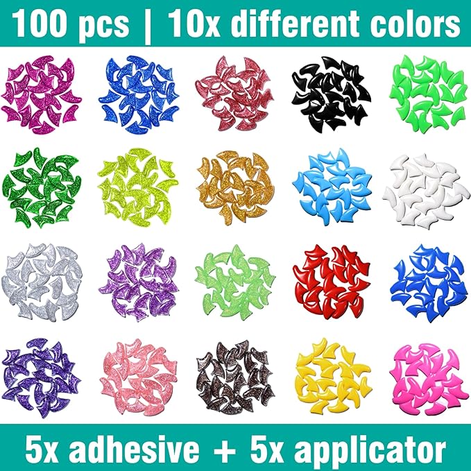 10x Colors / 100 pcs Cat Nail Caps | Cat Claw Covers with Adhesives and Applicators | Alpha (M)-PurrikoPets