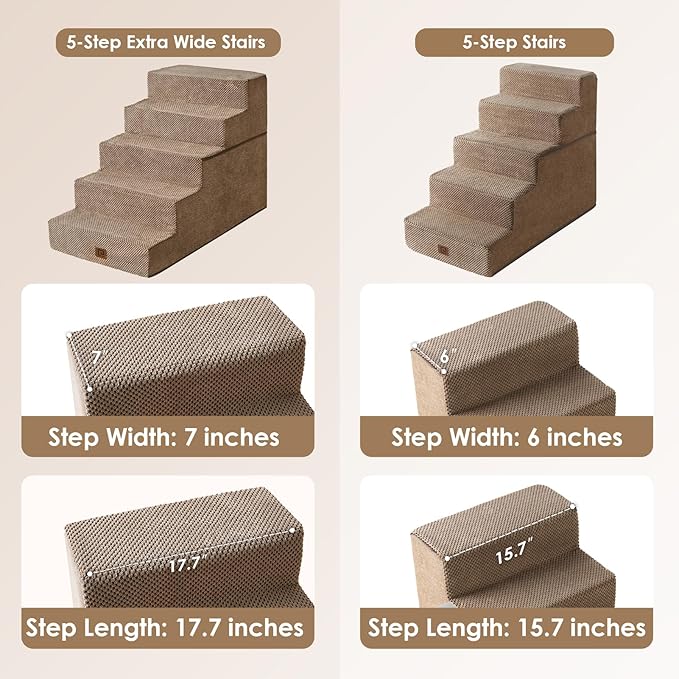EHEYCIGA Dog Stairs for High Bed 25" H, 5-Step Extra Wide Dog Steps for Bed, Pet Steps for Small Dogs and Cats, Non-Slip Balanced Pet Ramp Indoor, Camel-PurrikoPets