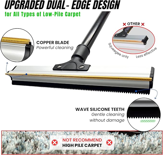 2025 Dual-Edge Carpet Rake for Pet Hair Removal & Fluffing Matted Carpet – 61" Adjustable Handle, Deep Clean Dog & Cat Hair Remover, Reusable Scraper for Rugs, Low Pile Carpet, Couch & Stairs-PurrikoPets