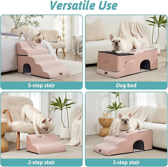 Extra Wide Dog Stairs with Tunnel, Detachable Large Pet Step for Small Medium Dog, Puppy or Cat, Ramp for High Bed, Couch, Sofa or Car, Stable, 19.7x33x22.4 inch, 5 Step, Pink-PurrikoPets