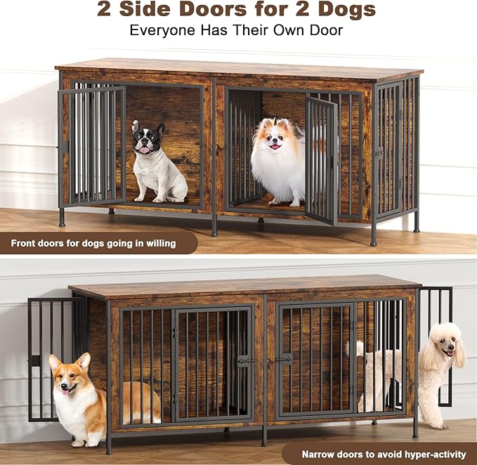EasyCom 63" Dog Cage Furniture for 2 Pets with Divider, XL Wooden Double Dog Crate Furniture TV Stand for Mideum Breed, Durable and Sturdy-PurrikoPets