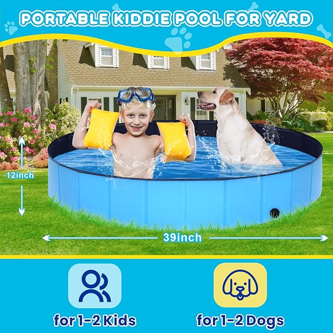 Foldable Dog Pool,39" Collapsible Dog Kids Swimming Pool for Backyard, Portable Kiddie Pool Hard Plastic,Multifunction Ball Pit Pets Bathing Tub for Kids Baby Toddler Dog-PurrikoPets