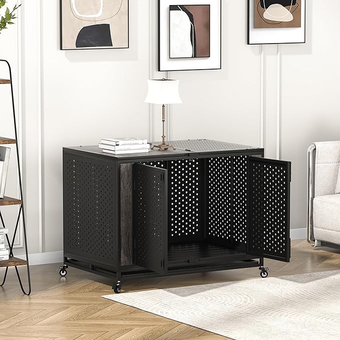 42" Heavy Duty Dog Crate Furniture for Medium and Large Dogs, Enclosed Design with 0.5 inch Holes, Indestructible Metal Kennel for High Anxiety Dogs, Chew Proof Indoor Pet House Cage, Gray-PurrikoPets