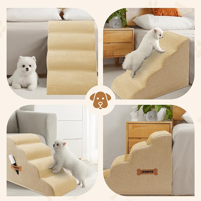 Dog Stairs, Romrol Dog Steps Ramp for High Bed and Couch, Dogs Ramp with Durable Non-Slip Waterproof Fabric Cover, Pet Stairs for Small Dogs and Cats or Pets Joints, 4-TiersBeige-PurrikoPets