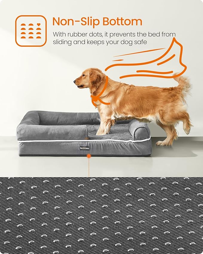 Feandrea Orthopedic Dog Bed, Large Dog Bed Waterproof, Removable Washable Cover Sofa with Non-Slip Bottom, Raised Edges, 36 x 28 x 8 Inches, Light Gray UPGW067G02-PurrikoPets