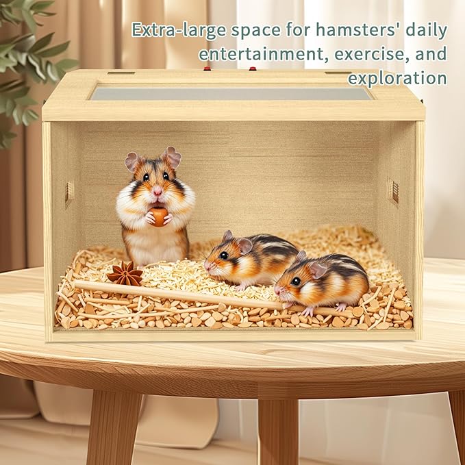24" Hamster Cage, Top Opening Lockable Roof Door Gerbil Cage, Dwarf Hamster Cage with Hygrometer, Mice and Small Animal Habitat, Chewproof Syrian Hamster Enclosure, (Wooden, 24" L x 16" W x 16" H)-PurrikoPets