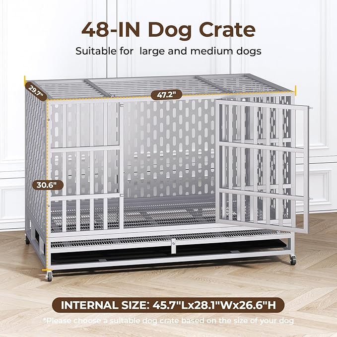 48 Inch Heavy Duty Indestructible Dog Crate Steel Escape Proof, Indoor Double Door High Anxiety Cage, Kennel with Wheels, Removable Tray,Silver,Extra Large XL XXL-PurrikoPets