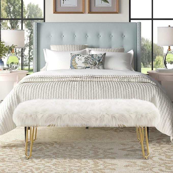 42.5Inch White Bedroom Bench, Benches for Bedroom White Faux Fur Upholstered Bed end Bench, Tufting Bench Indoor Bench with Metal Legs for Living Room Bedroom Dining Room Entryway-PurrikoPets