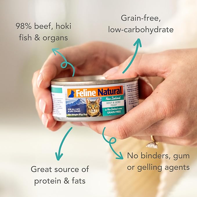 Feline Natural New Zealand Canned Catfood Wet Food, High-Meat, Low-Carb, & Grain Free Cat Food Wet, Beef & Hoki Feast, 3 oz, Pack of 24-PurrikoPets