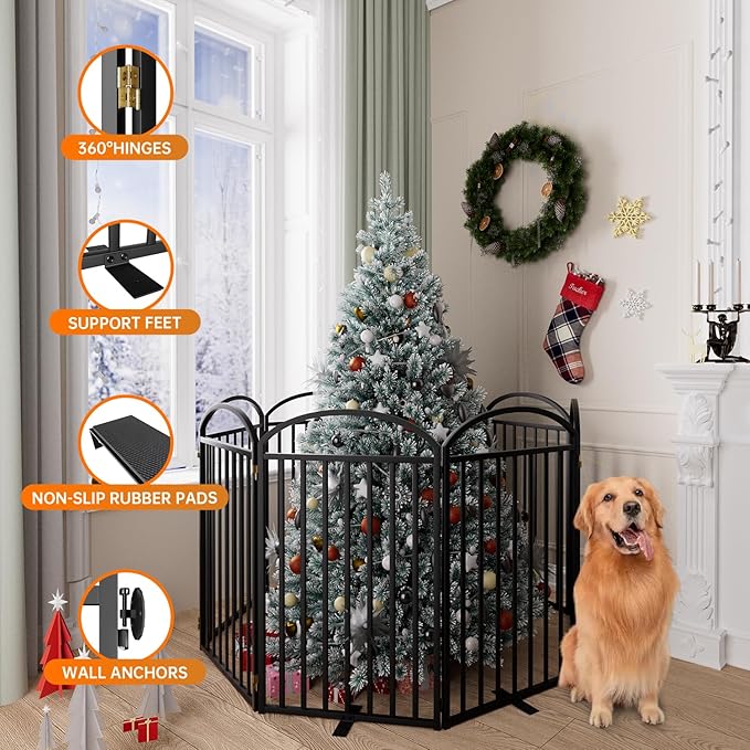 8 Panles Full Matel Freestanding Dog Gates with Door, 192"Extra Wide 36"Tall Free Standing Dog Pet Gate for Indoor & Outdoor. Foldable Pet Fences for Doorways, House, Stairs, Porch, Deck, Yard-PurrikoPets
