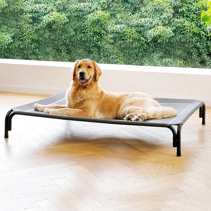 Elevated Dog Bed Raised Outdoor Dog Cot for Large Dogs, Installation Requires No Tools, Frame with Washable Cooling Breathable Mesh Anti-Slip Feet, Indoor Pet Bed, Grey, 43.3 Inches-PurrikoPets