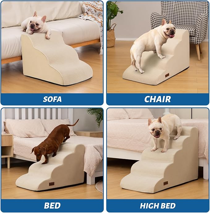 5-Step Dog Stairs and Ramp for High Bed,Non-Slip Sturdy Pet Steps for Small Dogs and Cats,22.2" H,Beige-PurrikoPets