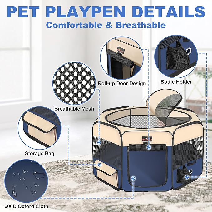 Aivituvin Dog Playpen, Foldable Pet Play Pens with Carrying Bag for Cat, Puppies, Rabbits, Portable Dog Tent Crates Cage for Travel Camping Indoor Outdoor, Removable Shade Cover, Blue M-PurrikoPets